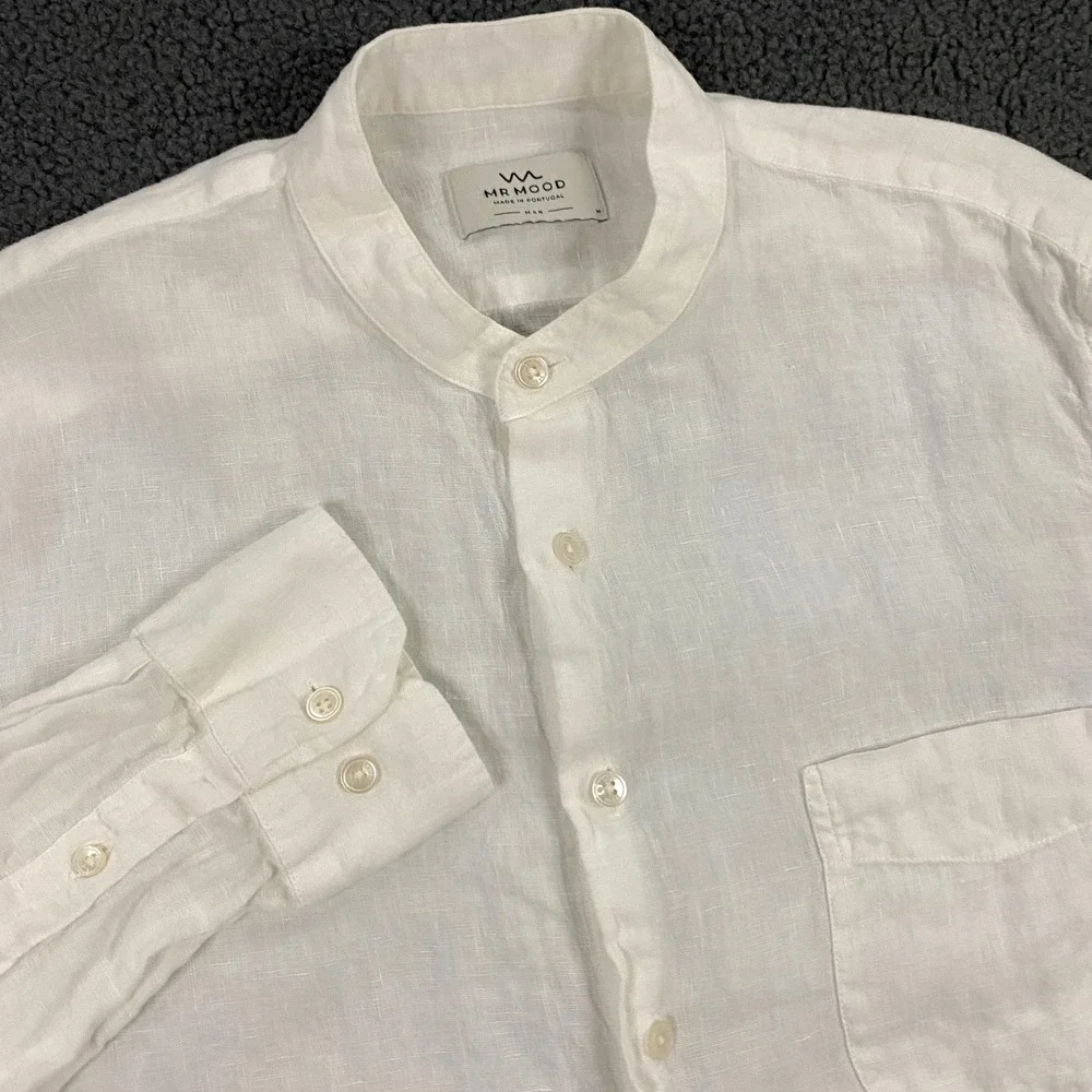 Mr Mood Linen Shirt Mens Medium Band Collar White‎ Resort Vacation Portugal